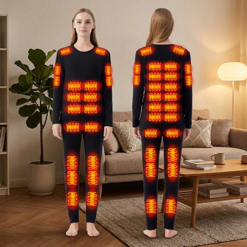 Women's Velvet Heated Underwear, 42 Heating Zones Electric Heat Base Tops and Bottom, Winter Long Sleeve Crew Neck Warm Base Shirt and Pant - Firoth