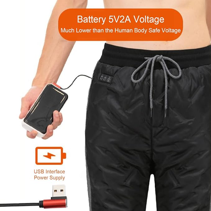 Unisex Battery Powered Heated Pants, Electric USB 3 Temperature Control, 5V/2A, 8 Heating Zones Elastic Fleece Thickening Warming Trousers for Women Men