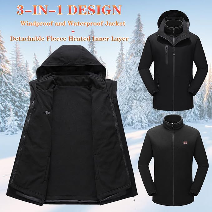 3-in-1 Heated Windbreaker for Men Women 15 Heating Zones 3 Levels of Temperature Adjustment USB Electric Windproof Thermal Jackets for Outdoor Skiing Hiking Camping