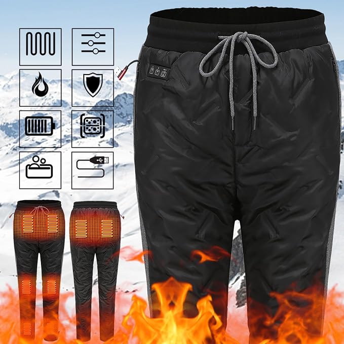 Unisex Battery Powered Heated Pants, Electric USB 3 Temperature Control, 5V/2A, 8 Heating Zones Elastic Fleece Thickening Warming Trousers for Women Men