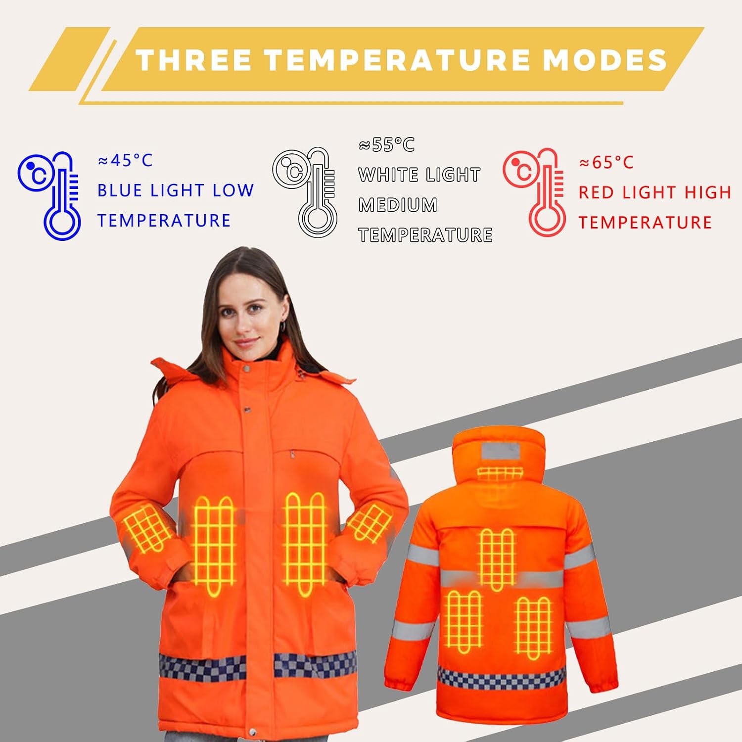 Hi Vis Heated Hooded Jacket for Men Women, 8 Heating Zones 3 Temperature Levels High Visibility Heated Workwear Waterproof Windproof Reflective Outerwear Safety Security Work Coat