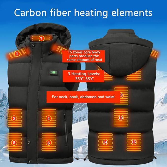 Unisex Heated Hooded Vest for Men Women, 3 Heating Levels 15 Heating Zones Temperature Display Zipper Closure USB Charging Fleece Lined Winter Thermal Waistcoat for Outdoor