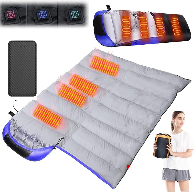 USB Electrical Heated Sleeping Bag 3 Heating Settings 4 Heat Zones Ultra Lightweight Thicken Down Cotton Camping Sleeping Bag for Backpacking