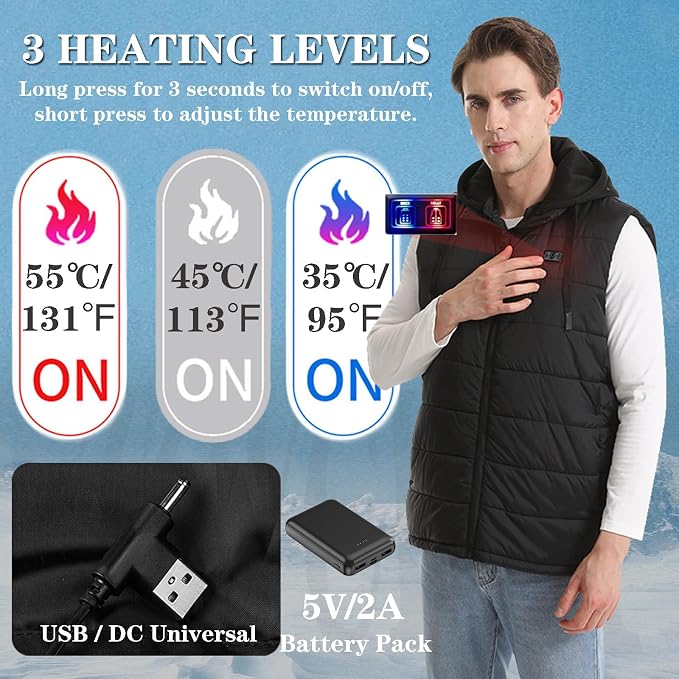 Electric Heated Hooded Gilet for Men, Dual DC/USB Port 3 Adjustable Temperature 14 Heating Zones Winter Warm Heating Vest with Detachable Hood