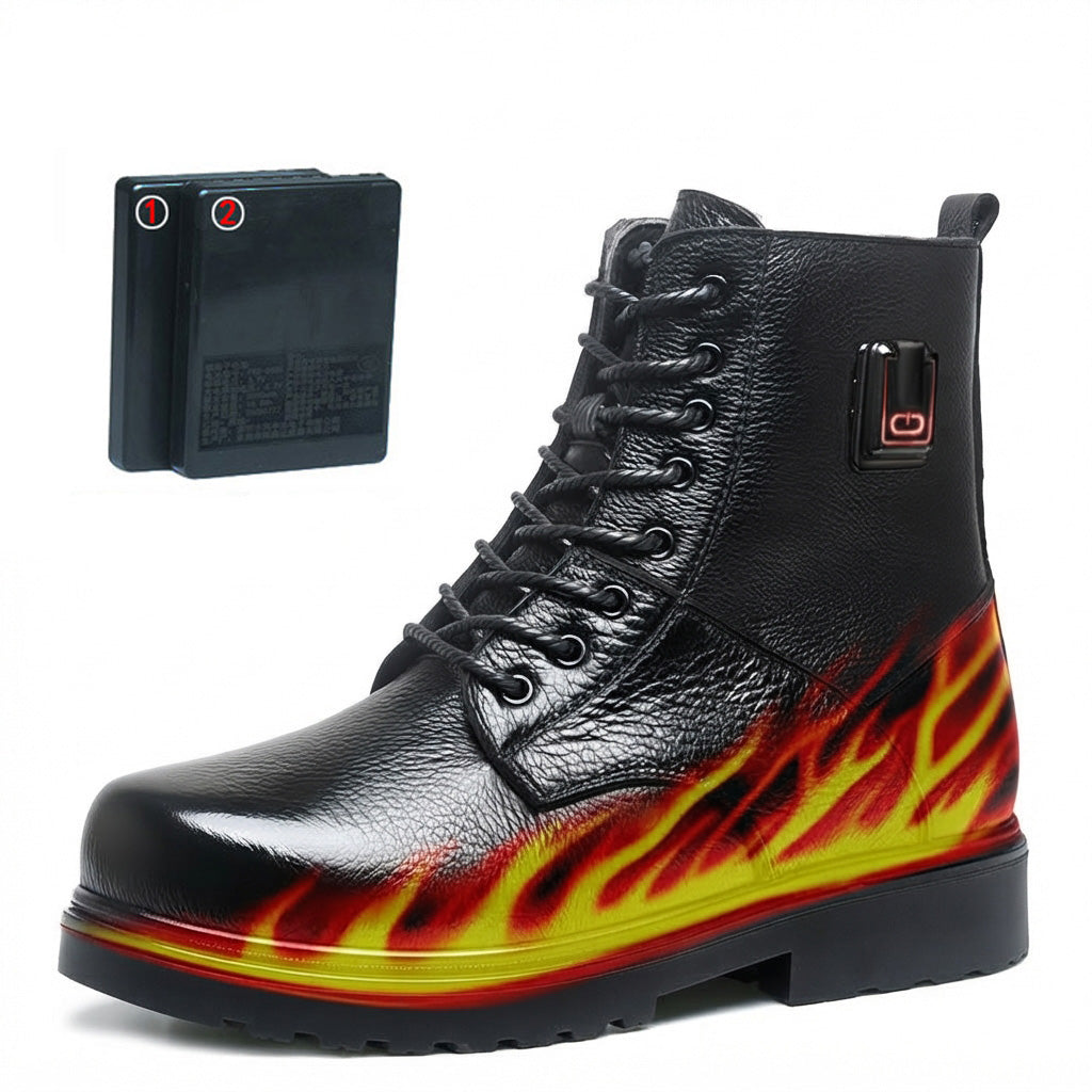 Black Genuine Leather Smart Heated Boots for Men Upgraded 20000mAh Battery 36℃-90℃ 5-level Temperature Adjustment -Skiing Hunting Non-Slip Water Proof Electric Heating Shoes