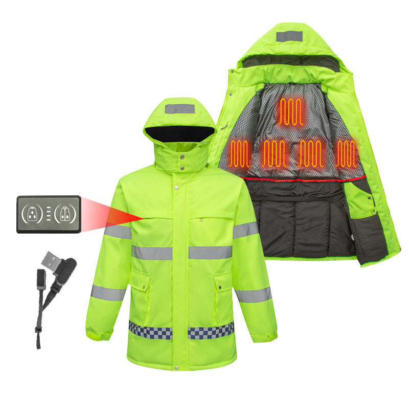 Hi Vis Heated Hooded Jacket for Men Women, 8 Heating Zones 3 Temperature Levels High Visibility Heated Workwear Waterproof Windproof Reflective Outerwear Safety Security Work Coat