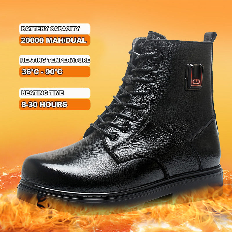 Black Genuine Leather Smart Heated Boots for Men Upgraded 20000mAh Battery 36℃-90℃ 5-level Temperature Adjustment -Skiing Hunting Non-Slip Water Proof Electric Heating Shoes