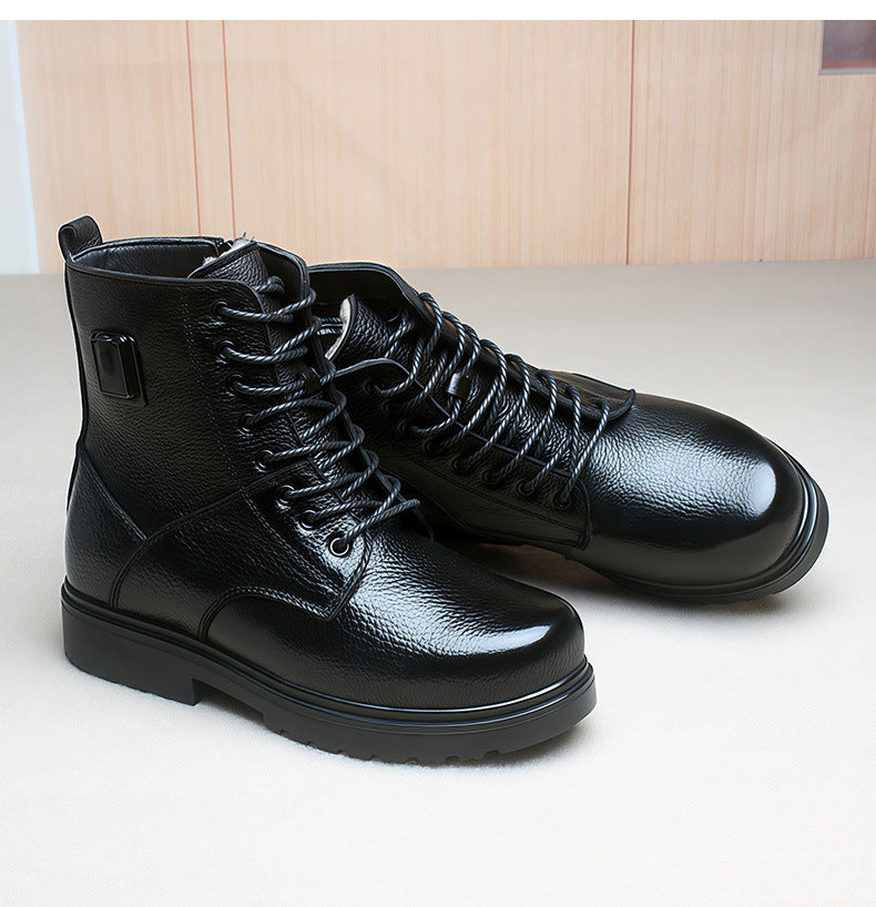 Black Genuine Leather Smart Heated Boots for Men Upgraded 20000mAh Battery 36℃-90℃ 5-level Temperature Adjustment -Skiing Hunting Non-Slip Water Proof Electric Heating Shoes