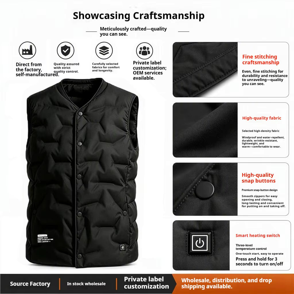 Lightweight V-Neck Quilted Electric Heated Vest for Women Men, USB Charging 3 Gear Temp Control 5 Heating Zones Snap Button Warming Gilet
