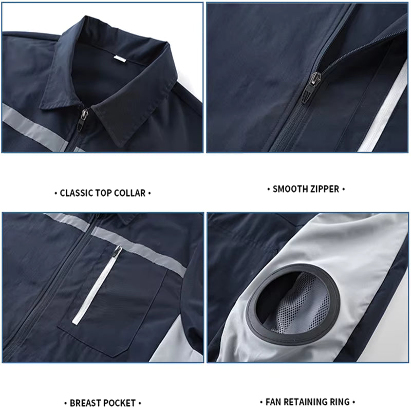 Unisex Safety High-Visibility Air-Conditioned Jacket Stand Collar Long Sleeve with 2 Fans