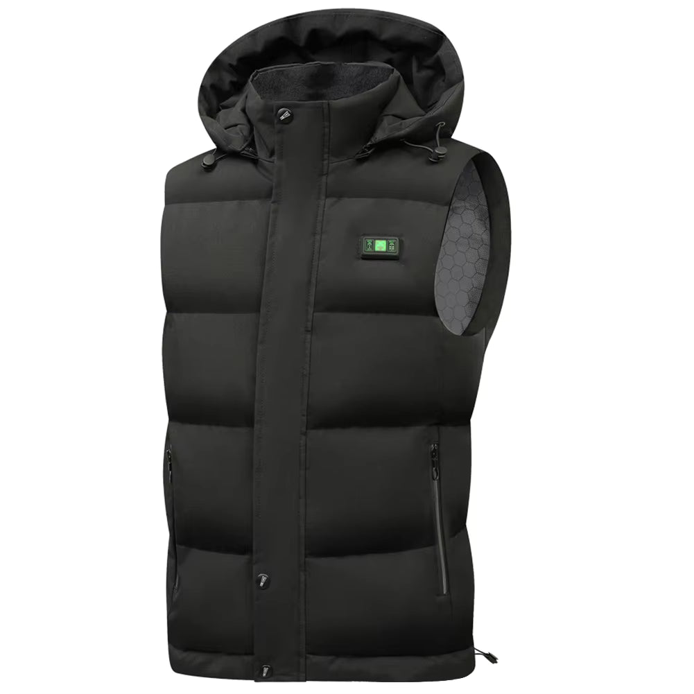 Unisex Heated Hooded Vest for Men Women, 3 Heating Levels 15 Heating Zones Temperature Display Zipper Closure USB Charging Fleece Lined Winter Thermal Waistcoat for Outdoor