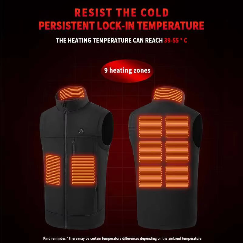 Men's Plain Heated Quilted Vest, 9 Heating Zones Sleeveless Zip Stand-Up Collar Winter Gilet Warm Electric Heat Waistcoat for Running, Hiking, Riding, Golf