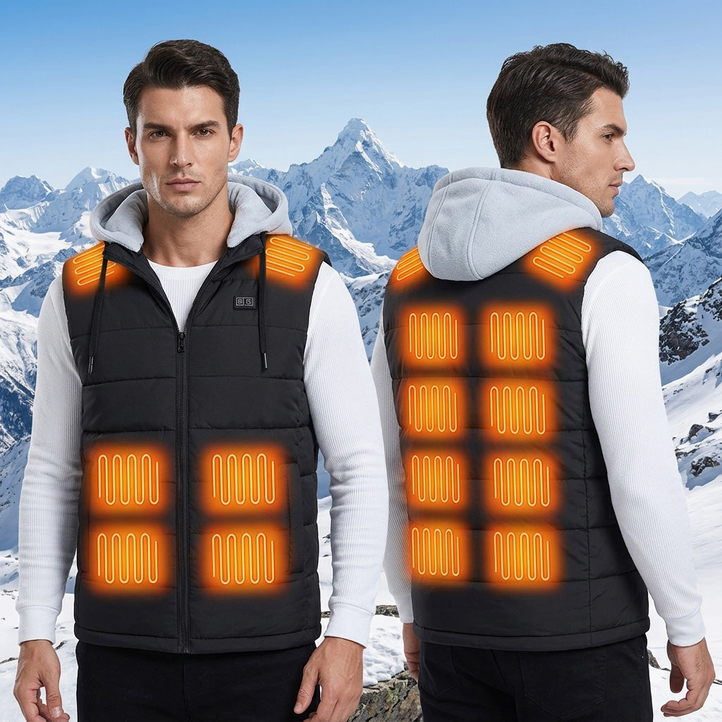 Electric Heated Hooded Gilet for Men, Dual DC/USB Port 3 Adjustable Temperature 14 Heating Zones Winter Warm Heating Vest with Detachable Hood