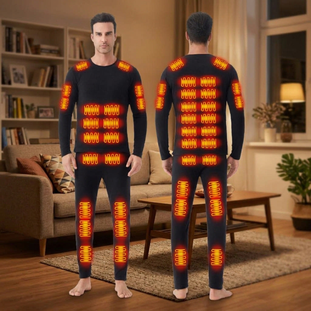 Men's Velvet Heated Underwear, USB Rechargeable 42 Heating Zones Winter Thermal Long Johns Long Sleeve Base Layer Top and Bottom Sets for Cold Weather